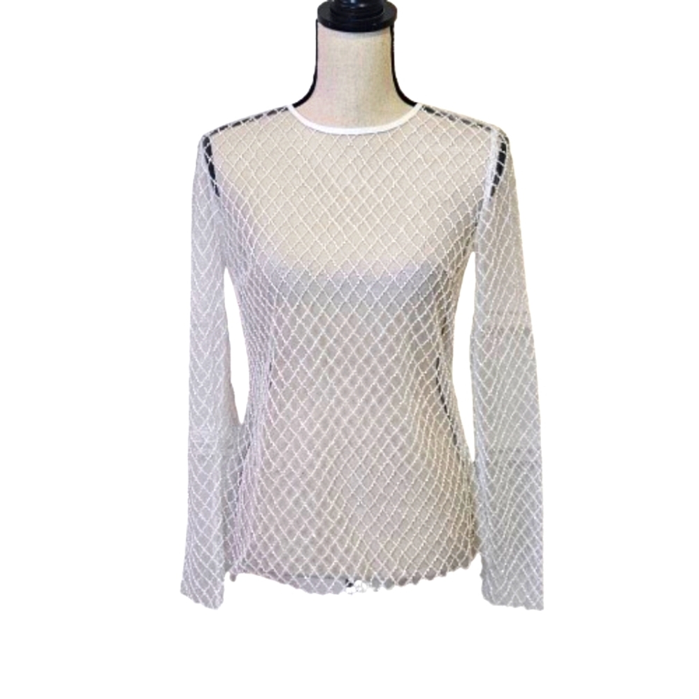 ASILIO Mind Dimension Top, White Mesh Bead Embellished,Size 6,NWT